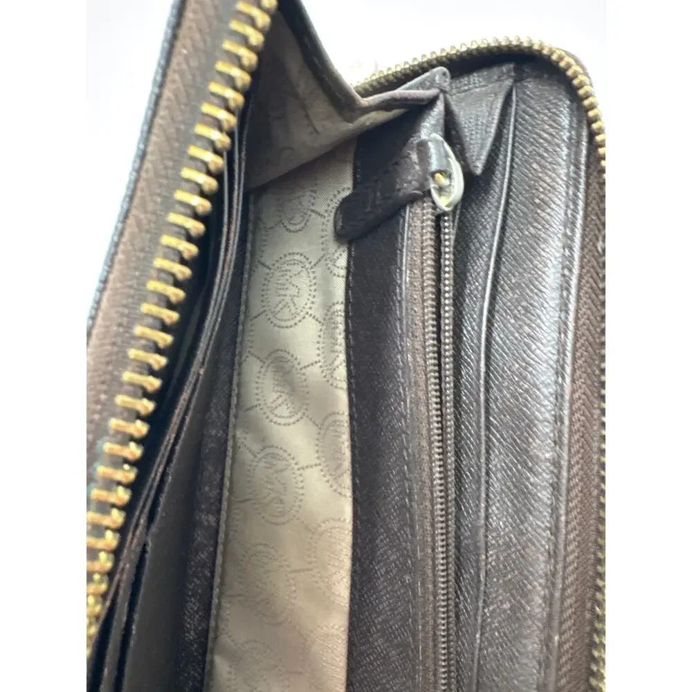 Michael Kors Jet Set Brown Signature Zip Around Wallet Gold Tone Logo Large